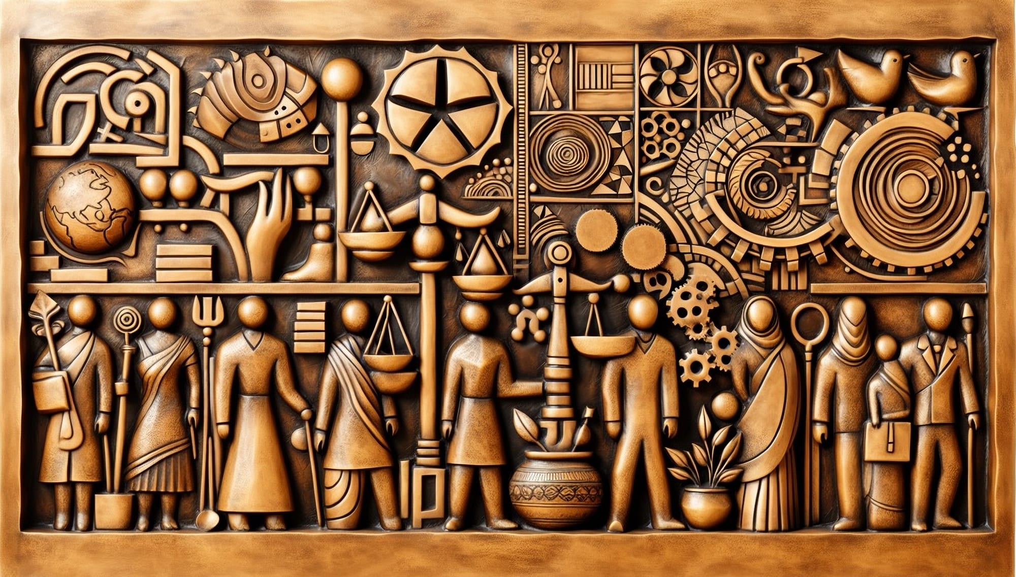 A bronze relief panel showing ordinary people — a farmer, women in saris, an elder, a worker, a mother and child — beneath symbols of law, science and craft including the scales of justice.